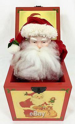 Vtg Enesco Lacquer Music Box Here Comes Santa Claus Jack-in-the-Box Wood RARE