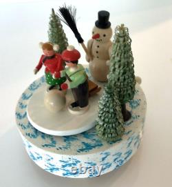 Vtg Erzgebirge Expertic UHLMANN Snowman Revolving Music Box German Wood