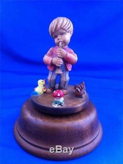 Vtg Goldscheider Italy Handcarved Wood Boy With Trumpet Music Box Figurine Anri