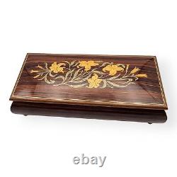 Vtg Italian Wood Floral Lilies Inlay REUGE Music Box 10.5x5 Beethoven Romance