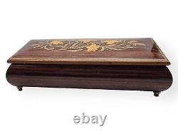 Vtg Italian Wood Floral Lilies Inlay REUGE Music Box 10.5x5 Beethoven Romance