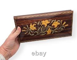 Vtg Italian Wood Floral Lilies Inlay REUGE Music Box 10.5x5 Beethoven Romance