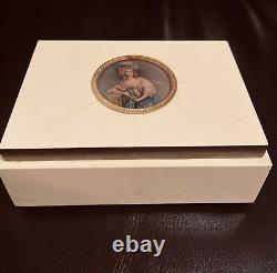 Vtg Italy White Wood Tortoise Jewelry Music Box Decorated Portrait Medallion