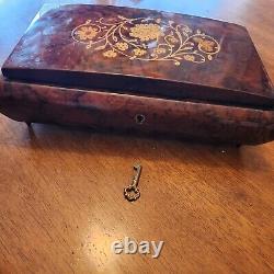 Vtg Reuge Jewelry Music Box Inlaid Wood Flowers Music Box Dancer Italy with key