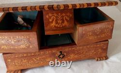 Vtg Reuge Swiss Wood Inlay Marquetry Ballerina Music Jewelry Trinket Box Chest