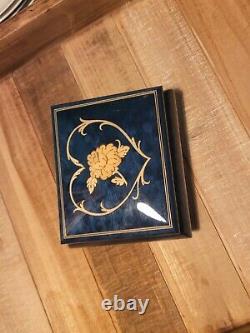 Vtg Romance Swiss Music Jewelry Box Edelweiss Blue Inlaid Wood Flower Heart