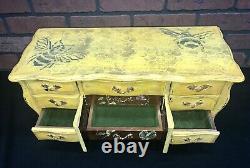 Vtg Wood Music Jewelry Box 9 Drawer Dresser Bumble Bees Hand Painted Yellow ART