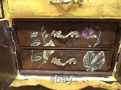 Vtg Wood Music Jewelry Box 9 Drawer Dresser Bumble Bees Hand Painted Yellow ART