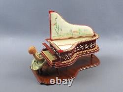 Wood and fabric music box piano with doll jewelry holder vintage 60s