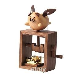 Wooden Flying Pig Little Music Box Ornament Hand-cranked Box Black US Warehouse