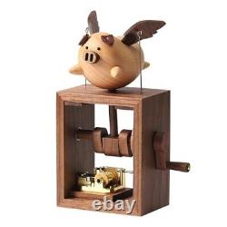 Wooden Flying Pig Little Music Box Ornament Hand-cranked Box Black US Warehouse