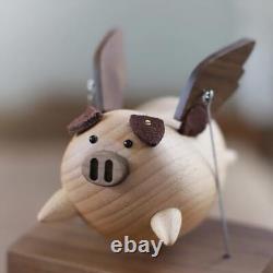 Wooden Flying Pig Little Music Box Ornament Hand-cranked Box Black US Warehouse