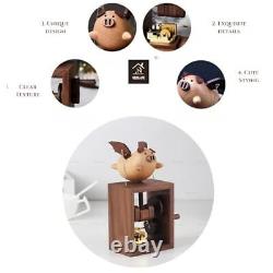 Wooden Flying Pig Little Music Box Ornament Hand-cranked Box Black US Warehouse