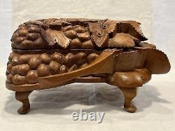 Zimbalist Carved Wood Music & Trinket Box, Thorens Grape & Grapevine See VIDEO